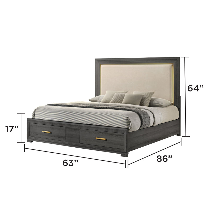Dark gray upholstered LED headboard bed frame with dimensions 63 in W x 86 in L