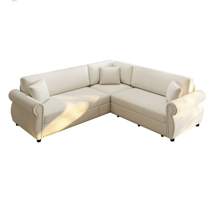White L-shaped sectional sofa with pull-out bed, padded arms and tufted trim