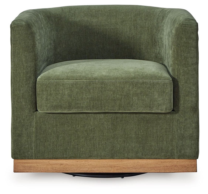 Forest green swivel chair front view with curved back, cushioned arms, and wood base