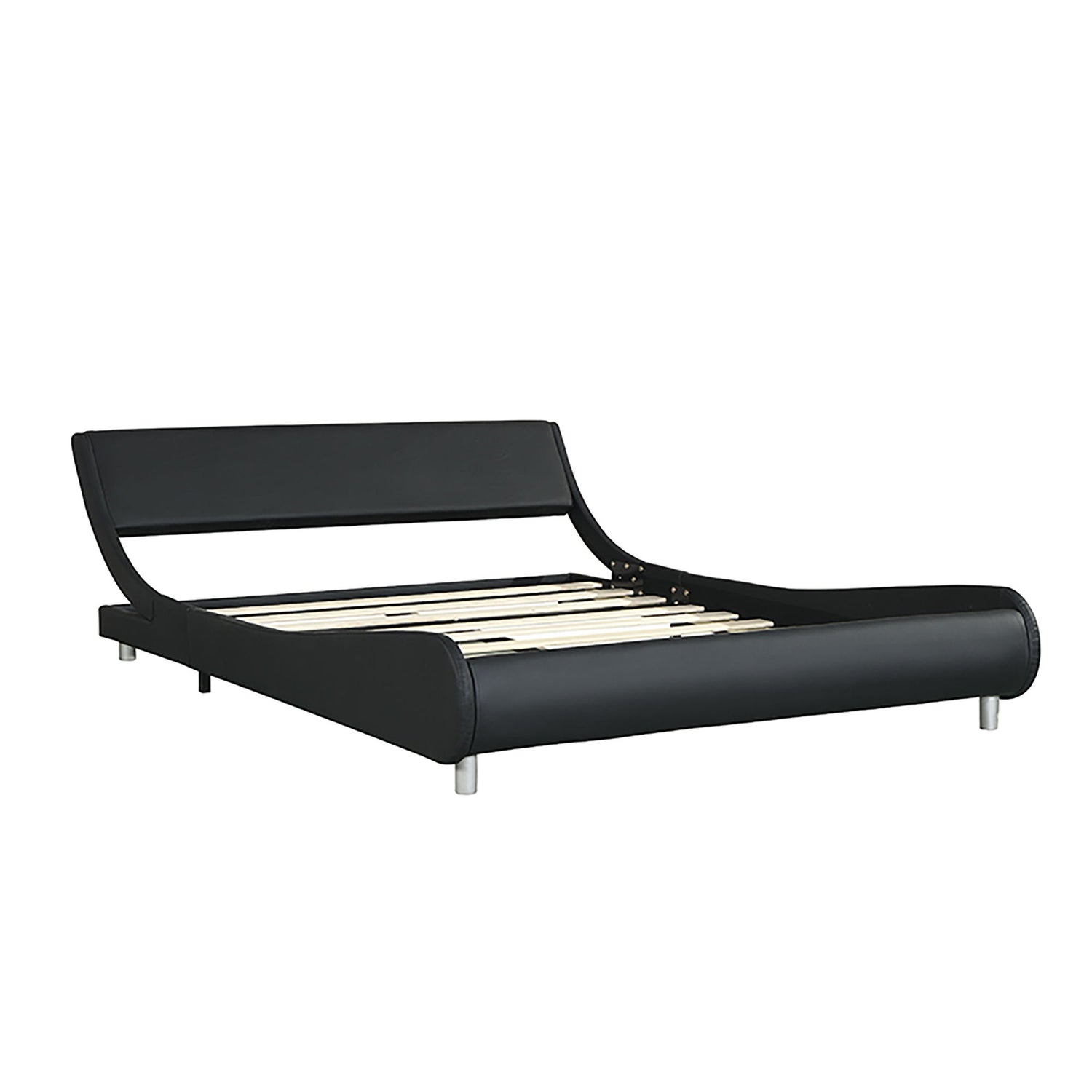 Queen Size Upholstered Platform Bed Frame With LED Lighting, Curve Design, Slat Support, No Box Spring Needed - Black