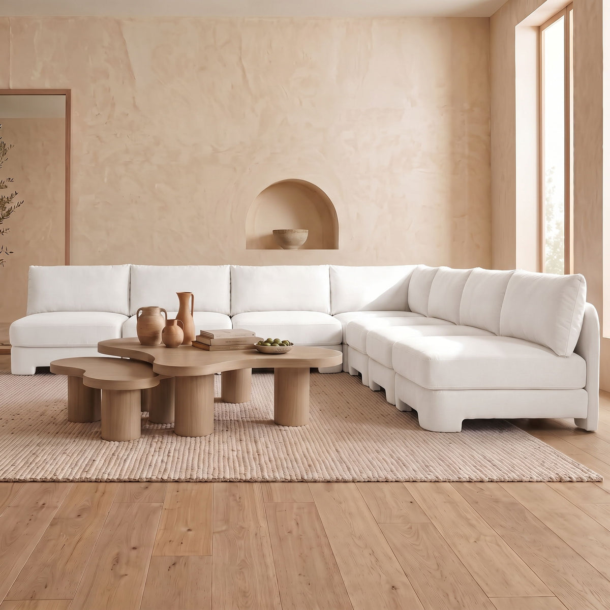 White armless velvet sectional sofa with chaise and ottoman-style seats, 7-piece set