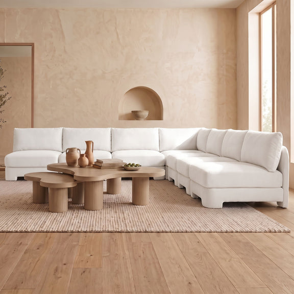 White armless velvet sectional sofa with chaise and ottoman-style seats, 7-piece set