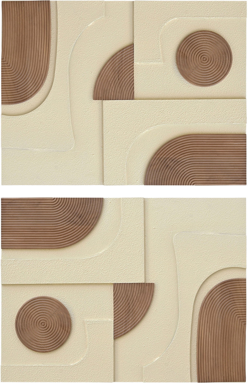 2-piece wall art set close-up: cream relief with light brown curved line details