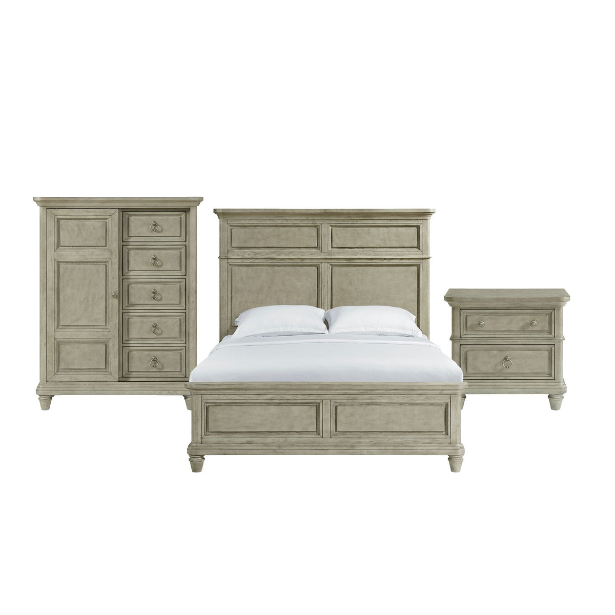 Panel bedroom set with bed, cabinet, and nightstand in light gray finish