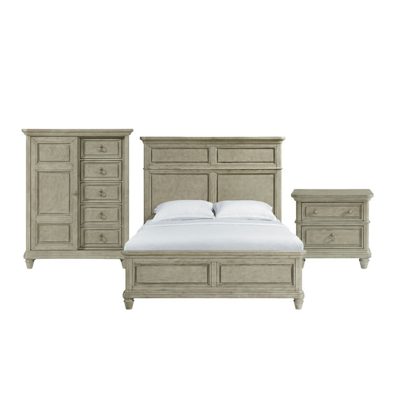 Panel bedroom set with bed, cabinet, and nightstand in light gray finish