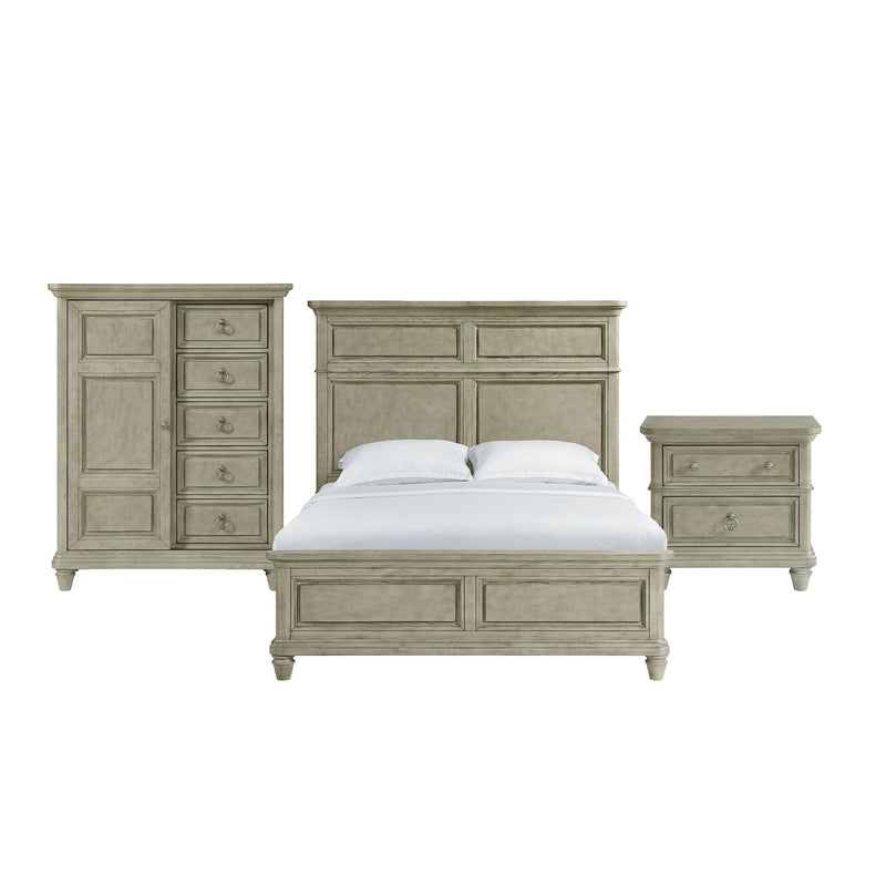 Panel bedroom set with bed, cabinet, and nightstand in light gray finish