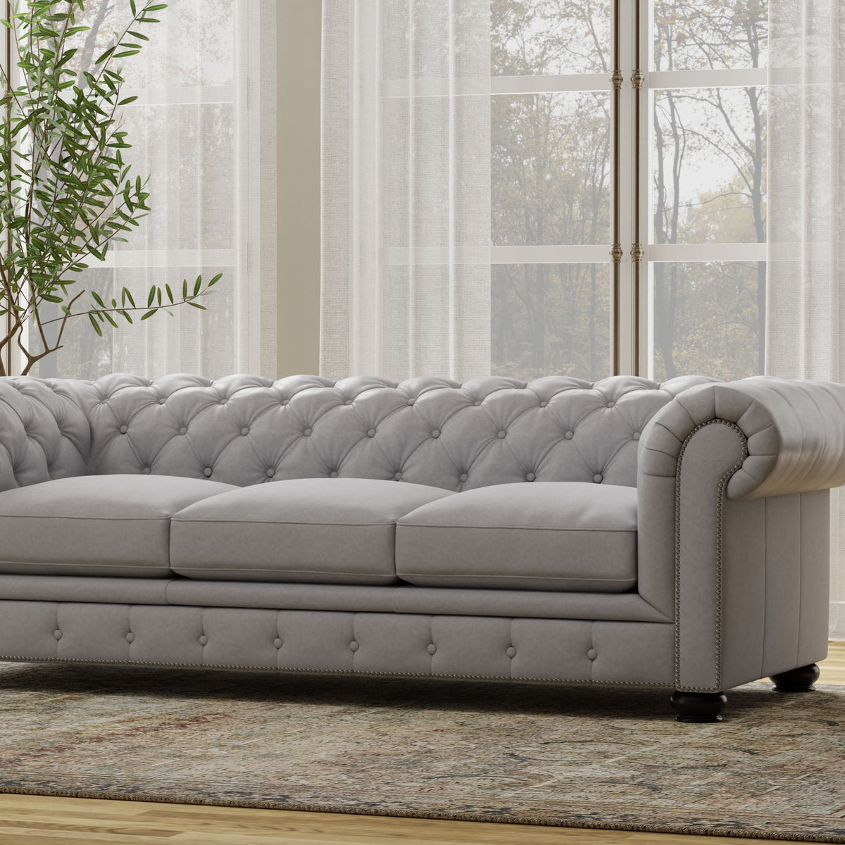 Traditional Tufted Leather Chesterfield Nailhead Sofa