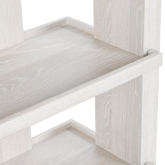 White-wash bookcase corner shelf unit with open tiers and matching wood panels