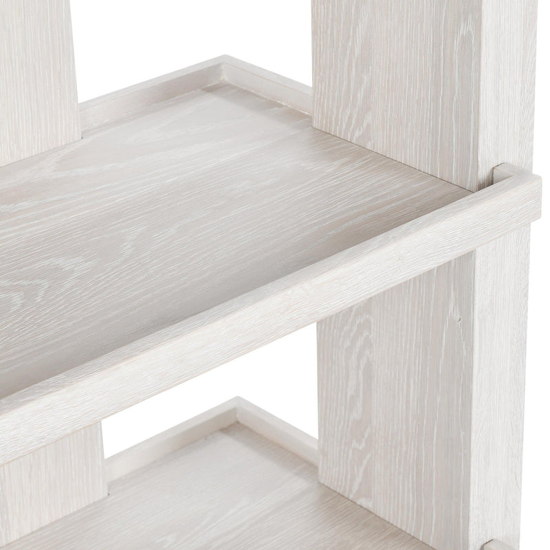 White-wash bookcase corner shelf unit with open tiers and matching wood panels