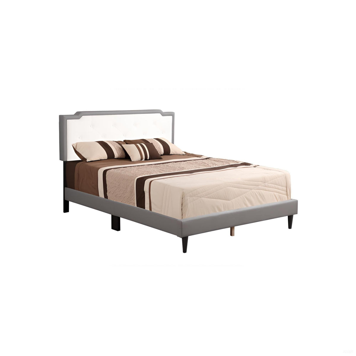 Queen bed with tufted light-gray headboard, dark legs, upholstered frame and side rails