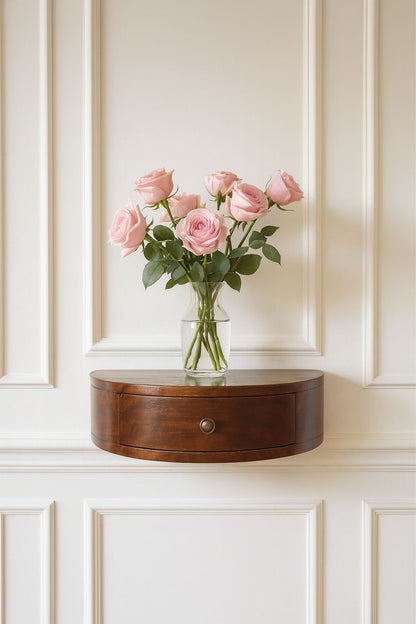 Dark brown round floating nightstand with 1 drawer and round metal pull