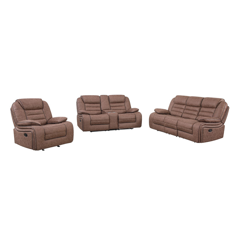 Dark brown 3-piece reclining furniture set: recliner chair, loveseat, and reclining sofa