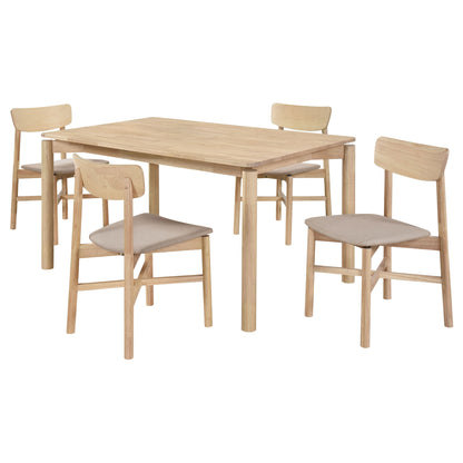 Light brown dining table with four upholstered chairs, square-corner design