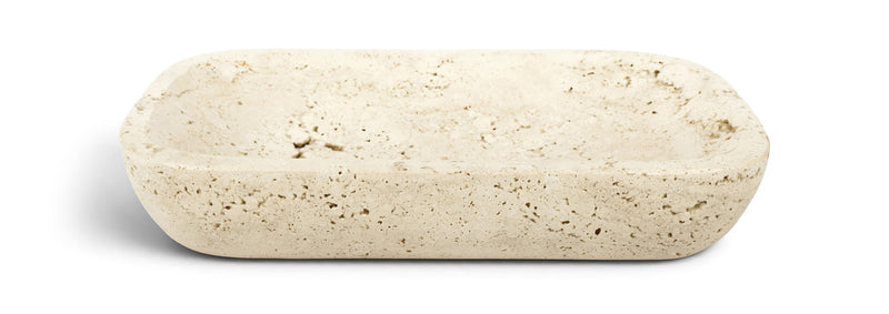 Beige travertine tray, rounded rectangular slab with speckled stone texture.