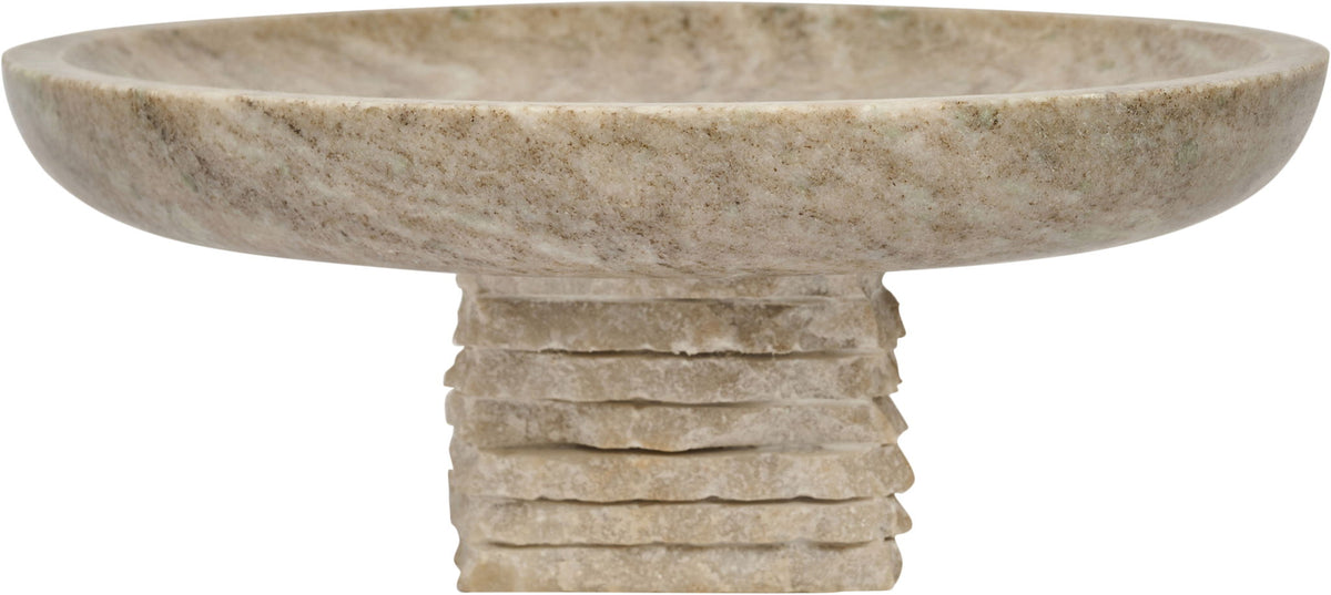 Beige marble bowl with wide rim and stacked pedestal base