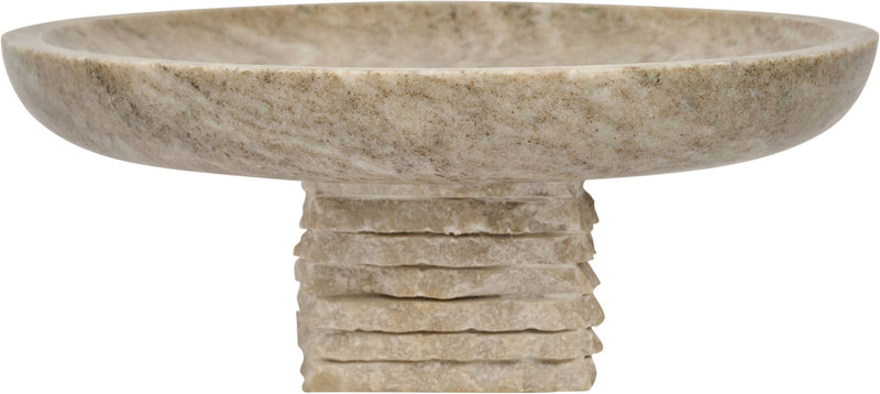 Beige marble bowl with wide rim and stacked pedestal base