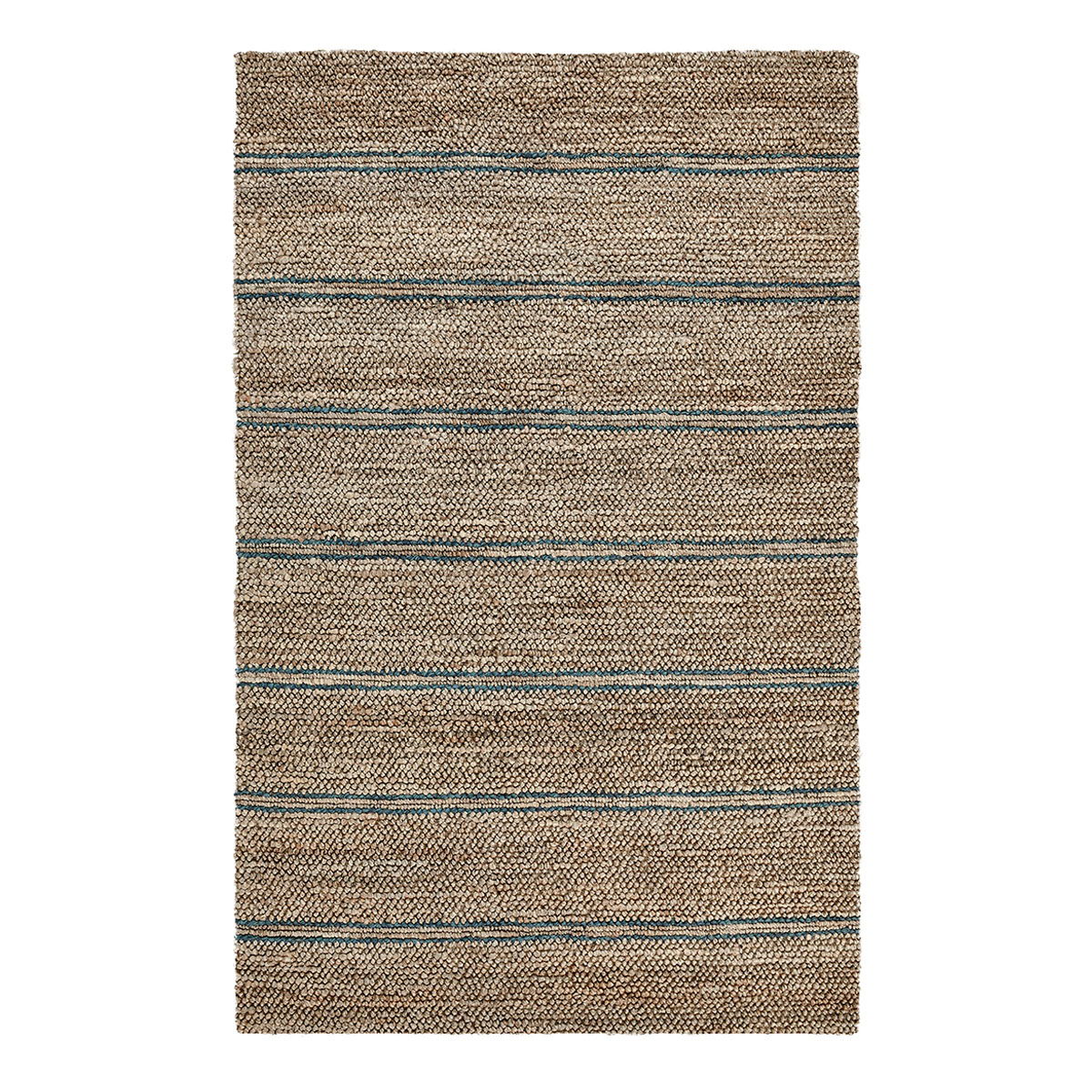 Woven rug in light brown with thin blue horizontal stripe bands