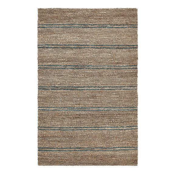 Woven rug in light brown with thin blue horizontal stripe bands