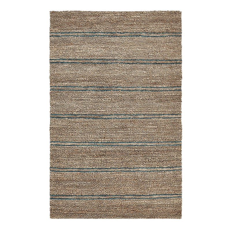 Woven rug in light brown with thin blue horizontal stripe bands