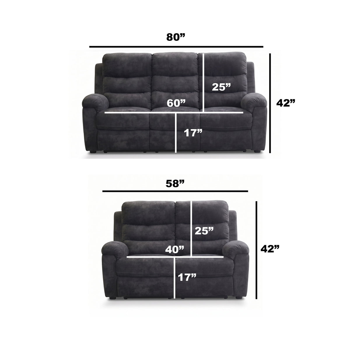 Dark gray reclining sofa dimensions diagram with wide seat and back segments