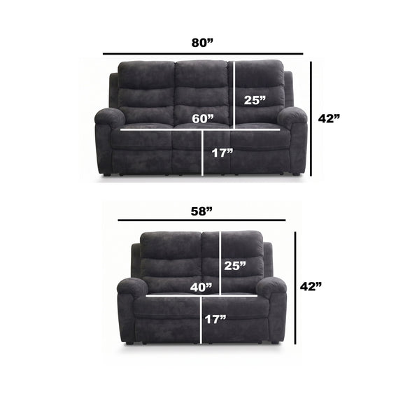 Dark gray reclining sofa dimensions diagram with wide seat and back segments