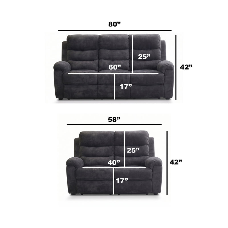 Dark gray reclining sofa dimensions diagram with wide seat and back segments