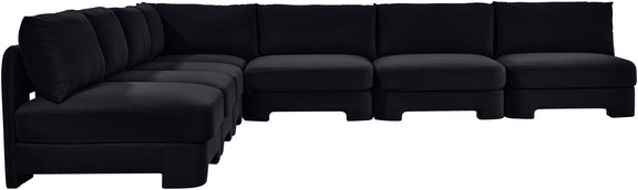 Black armless velvet sectional sofa with chaise and ottoman-style seats