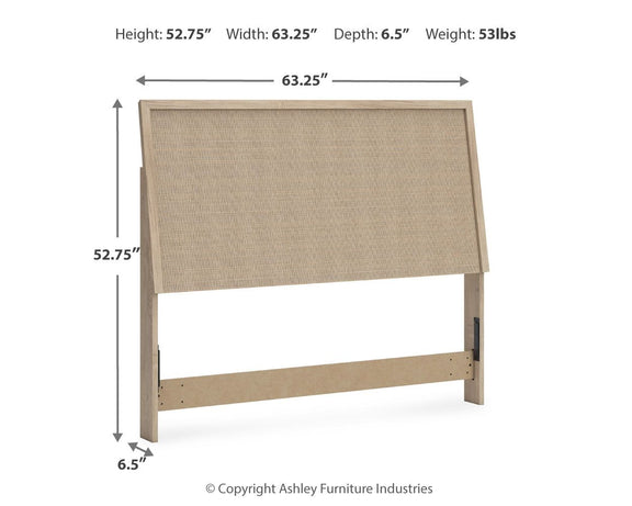 Two-tone panel headboard featuring beige woven fabric on a light wood frame