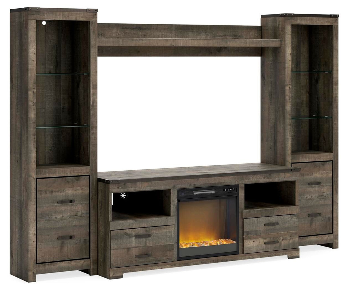 Wood entertainment center with glass shelves and built-in fireplace insert, brown finish