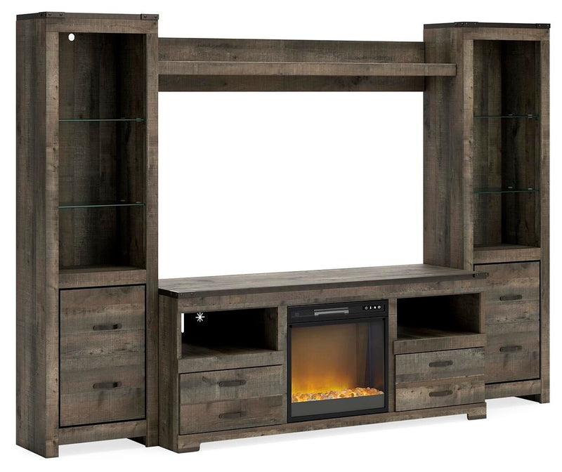 Wood entertainment center with glass shelves and built-in fireplace insert, brown finish