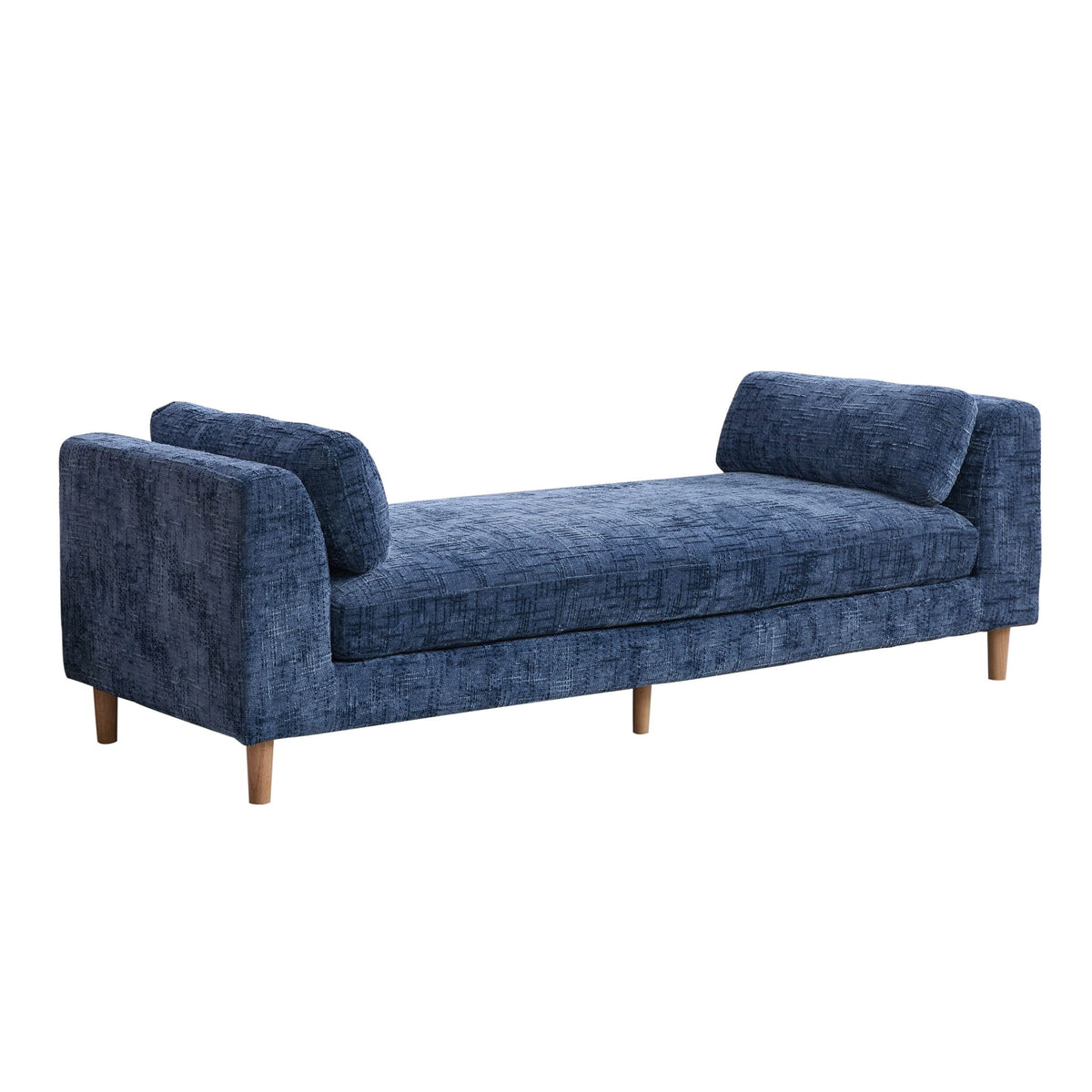 Upholstered end-of-bed bench with armrests, blue textured fabric, tapered wooden legs, 2 back cushions