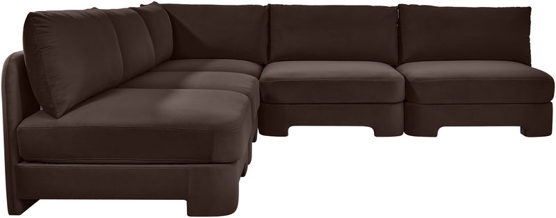 Dark brown armless velvet sectional sofa with five-piece modular corner design.