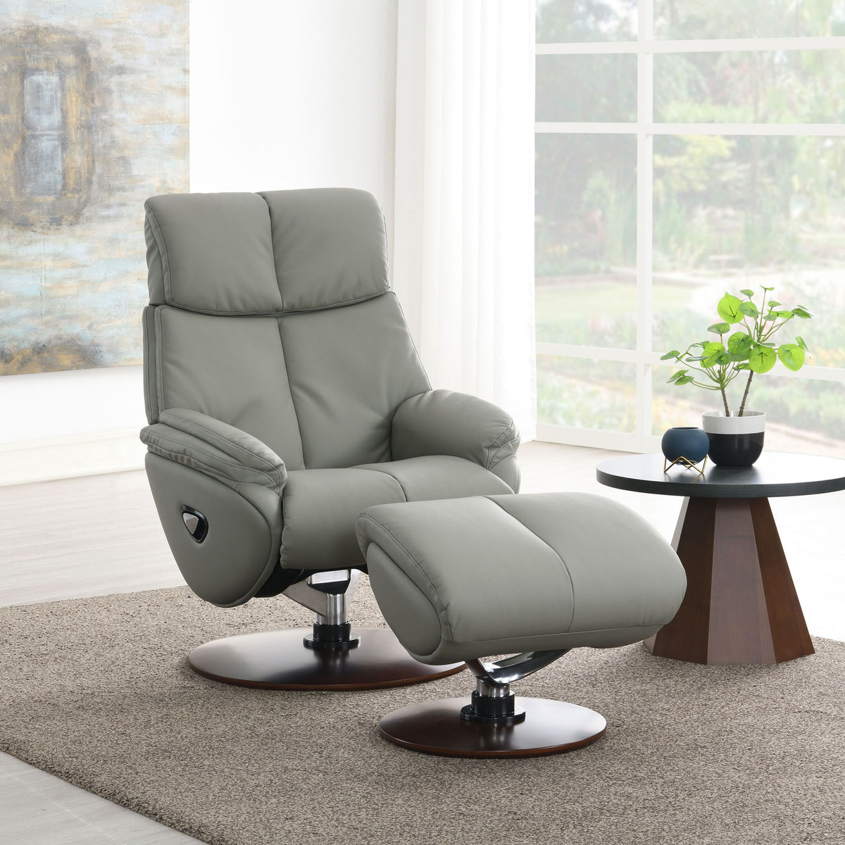 Kandoro - Top Grain Leather Accent Chair With Swivel & Ottoman - Gray