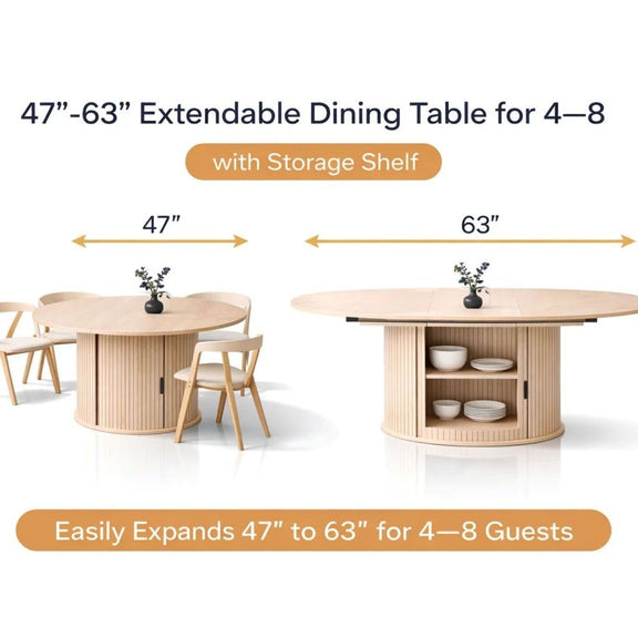 Extendable round dining table with storage shelf in base, light ivory wood finish