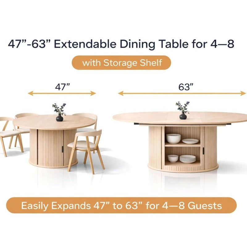 Extendable round dining table with storage shelf in base, light ivory wood finish
