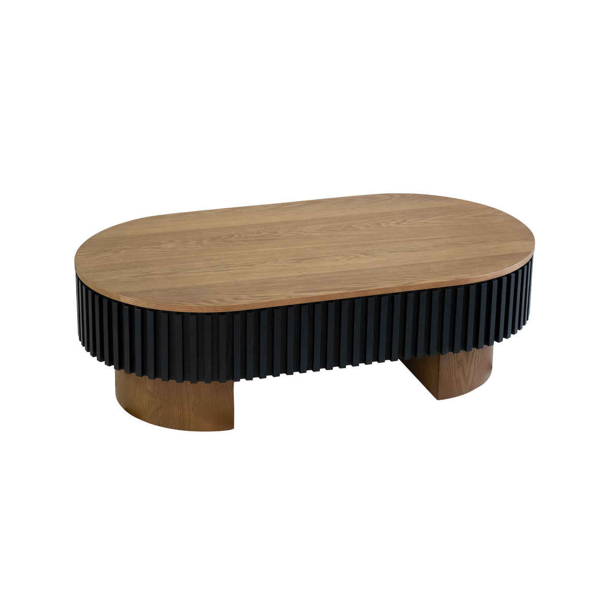 Oval coffee table with light wood tabletop, black slatted base, and tapered wood feet