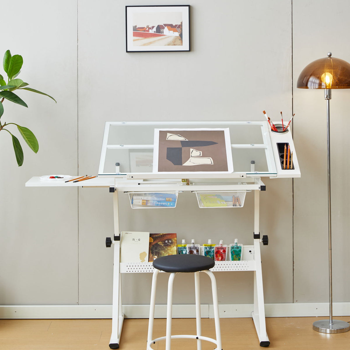 Adjustable Tempered Glass Drafting Printing Table With Chair
