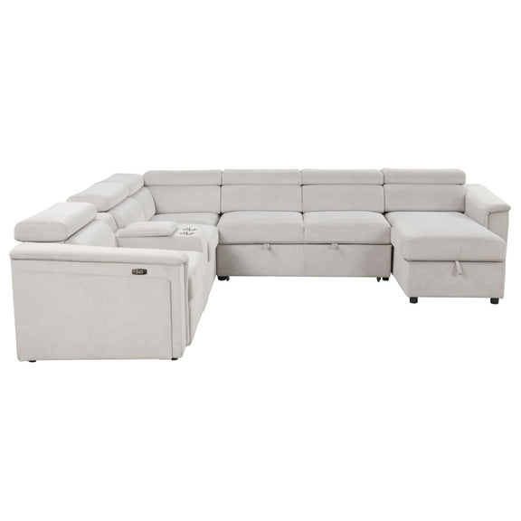 Beige power recliner sleeper sectional with extended chaise and cushioned seats