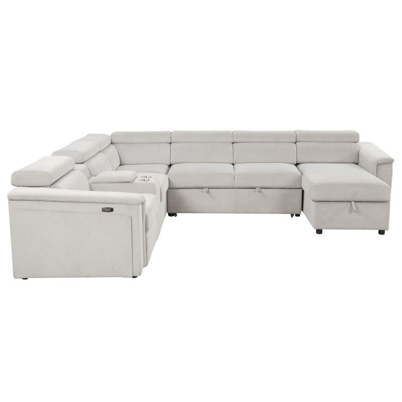 Beige power recliner sleeper sectional with extended chaise and cushioned seats