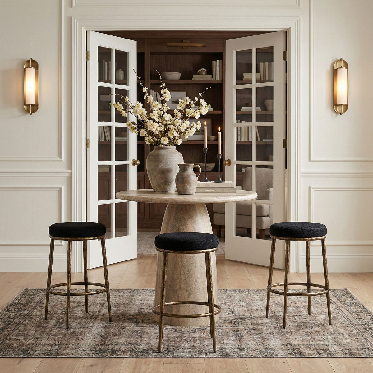 Ferro - Performance Fabric Upholstered Backless Bar Stool - Antique Brass