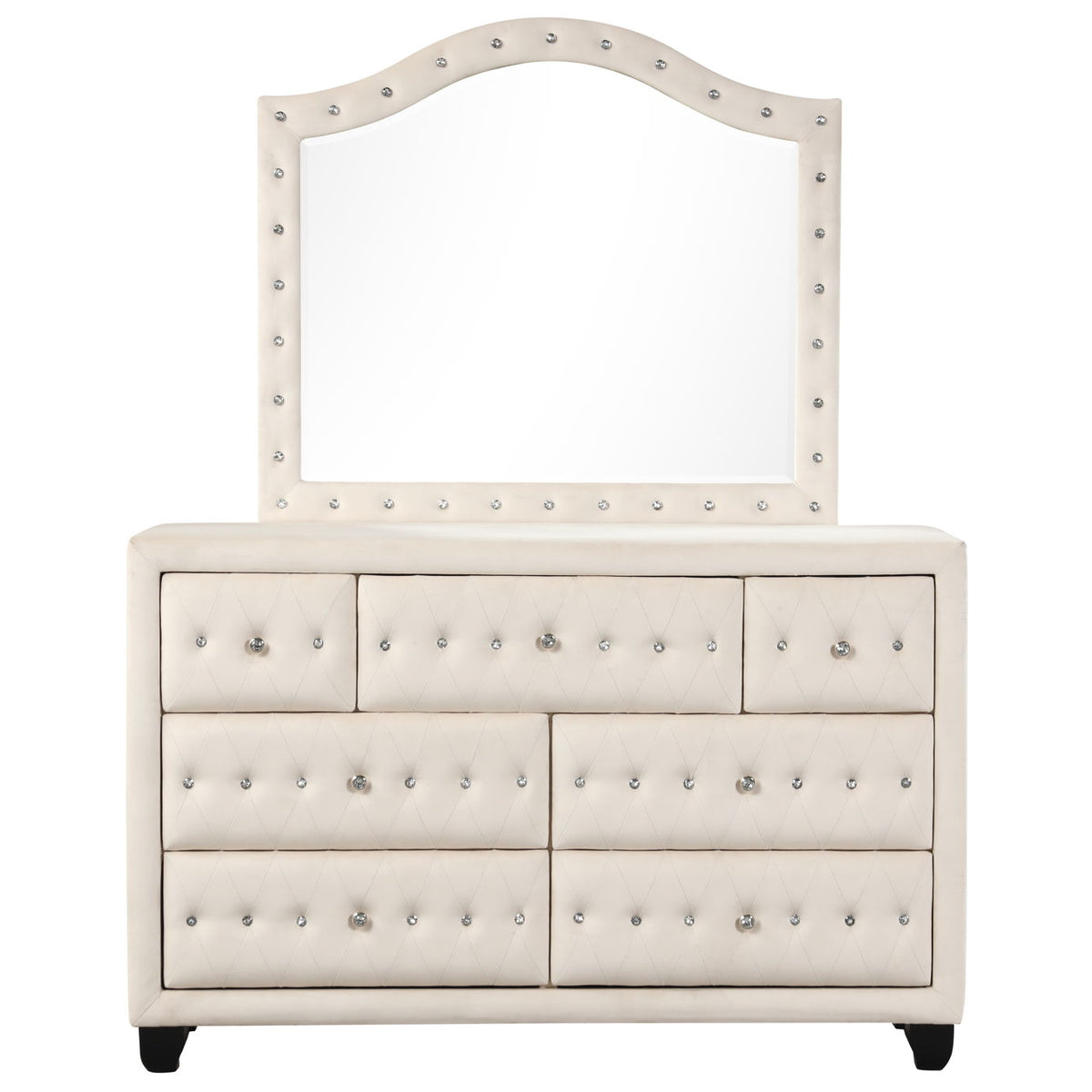 Beige 7-drawer upholstered dresser with arched mirror and tufted drawer fronts