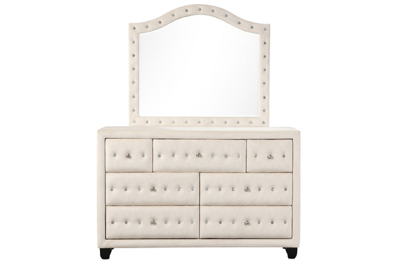 Beige 7-drawer upholstered dresser with arched mirror and tufted drawer fronts