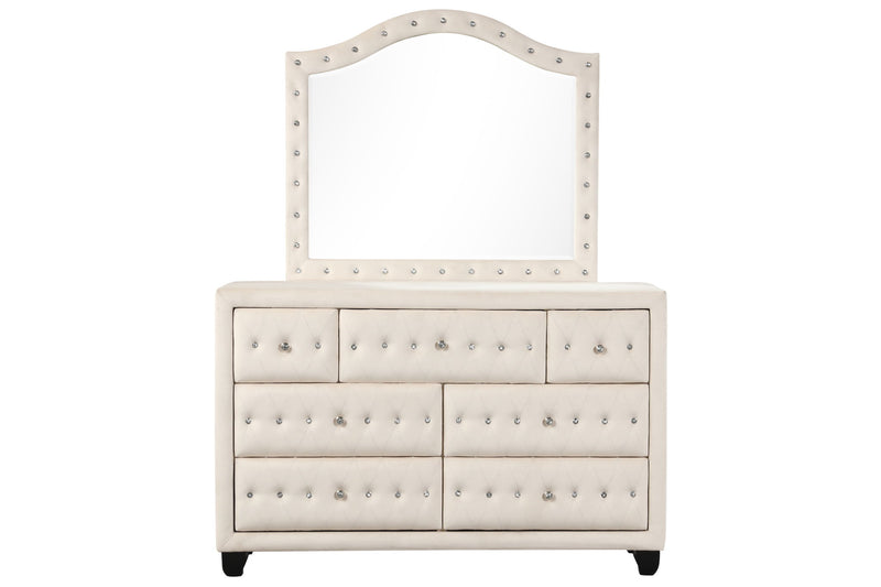 Beige 7-drawer upholstered dresser with arched mirror and tufted drawer fronts