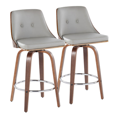 Gray swivel counter stools (set of 2) with round metal footrest, wood legs