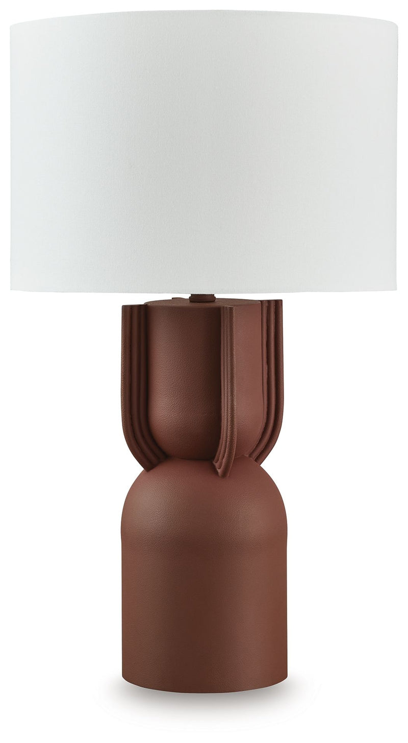 Brick red metal table lamp with ribbed base and white fabric shade