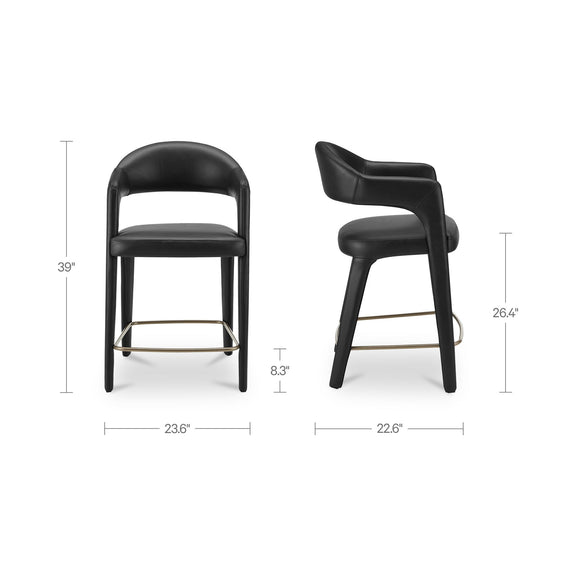 Black leather counter stool front and side views with metal footrest