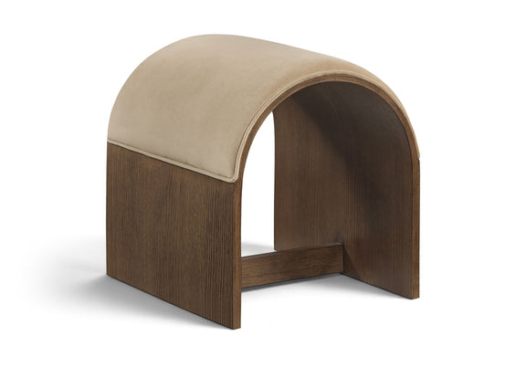 Beige velvet upholstered bench with arched back and dark wood base, open middle storage