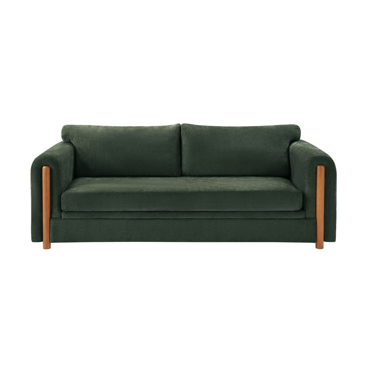 3-seater upholstered couch in dark green with square arms and wooden side posts
