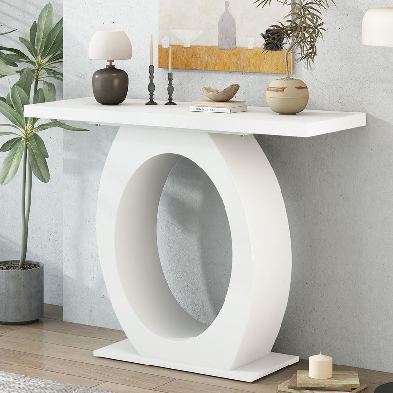 Beige console table with wide tabletop and sculpted oval base.