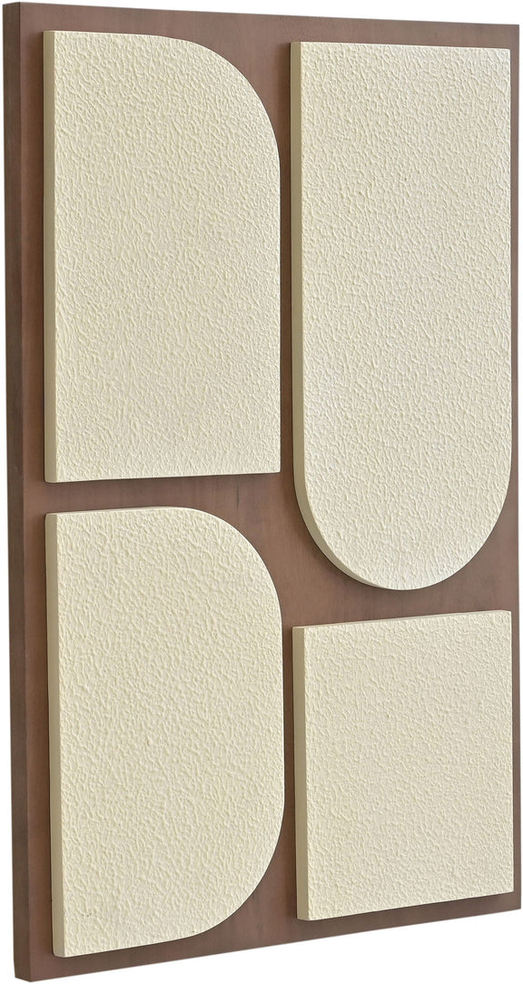 Four-piece wall art with brown frame and textured off-white curved geometric panels